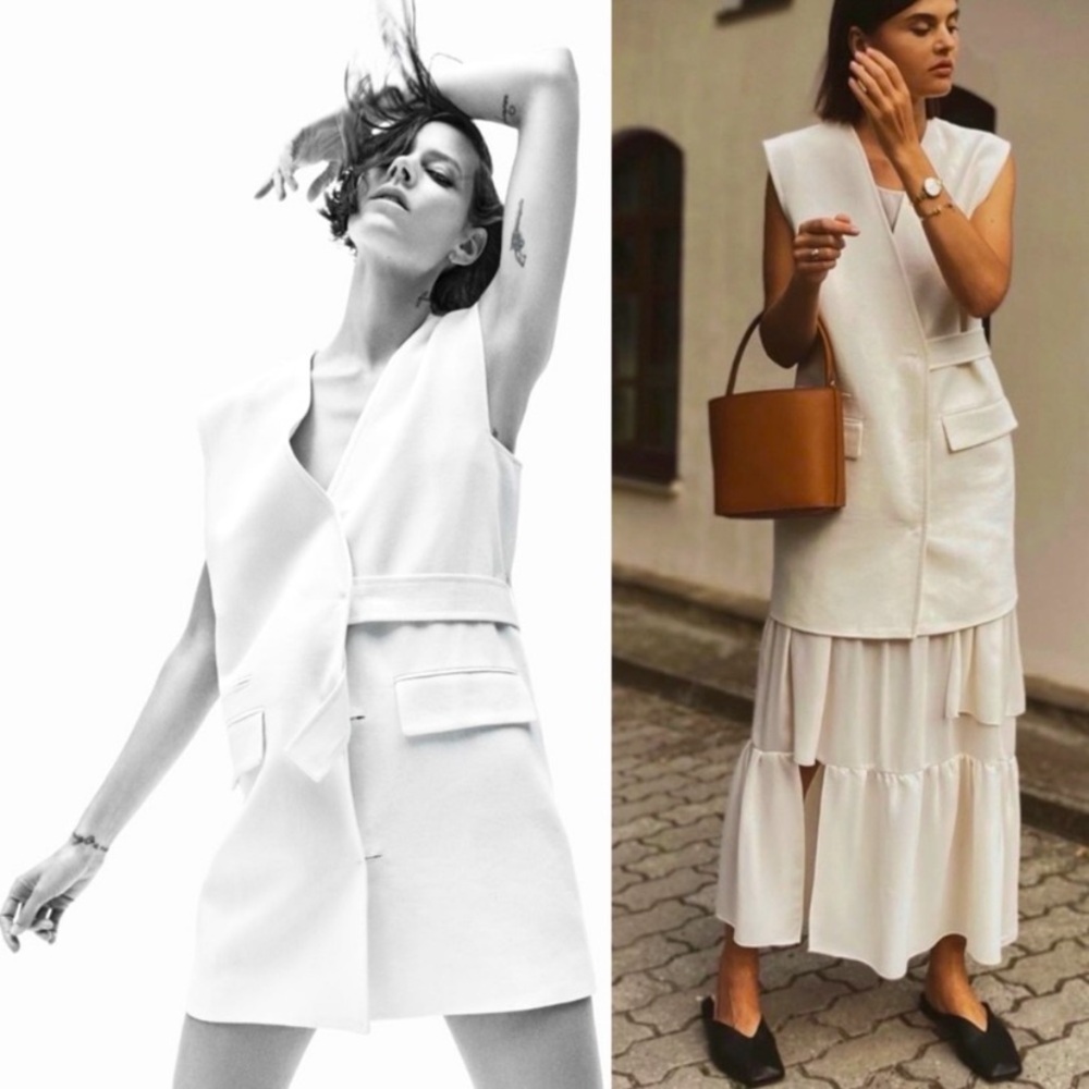 Zara Oversized Long Vest Oyster White M-L NWT